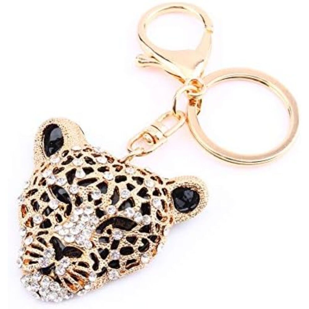 Leopard Bag Pendant Charm, Gold Rhinestone Purse Keychain Sparkling Crystal